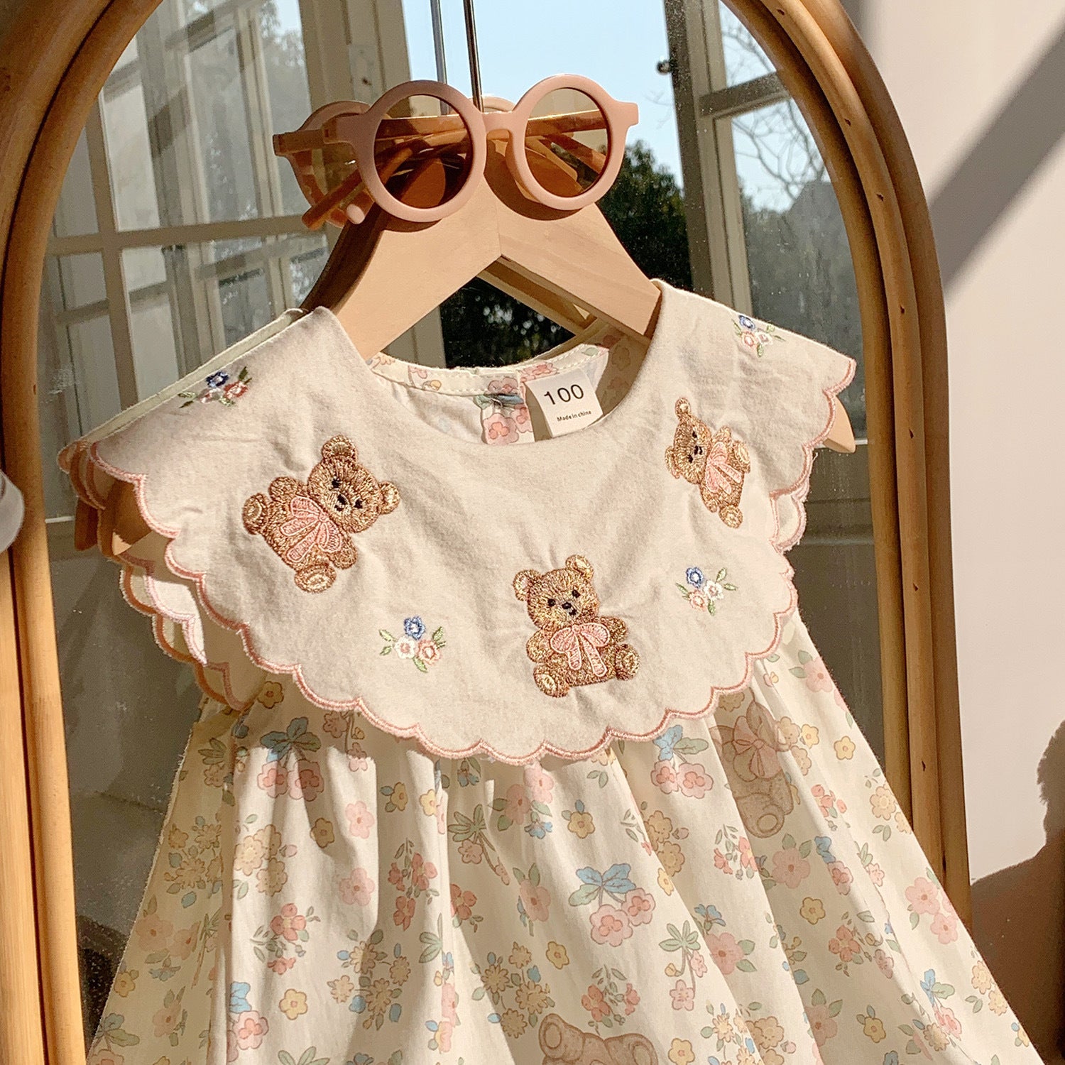 summer infant bear Summer Baby Kids Girls Sleeveless Teddy Bear and Flowers Pattern Dress 130 (7-8Y) / Beige