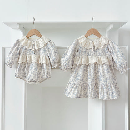 Spring Baby Girls French-style Floral Long-sleeved Onesies and Dress – Princess Sister Matching Set, MyKids-USA®, Baby & Toddler Outfits, MyKids-USA -  -  -  -  -  -  - 