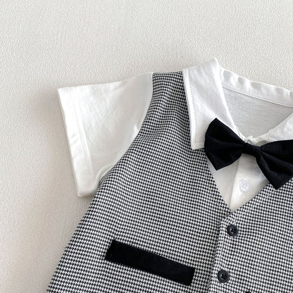 Arrival Summer Baby Kids Boys Short Sleeves Plain Shirt, Plaid Vest and Shorts Clothing Set