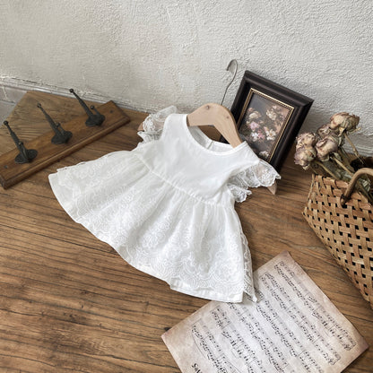 Summer Baby Kids Girls Lace Fly Sleeves Color Patchwork Dress