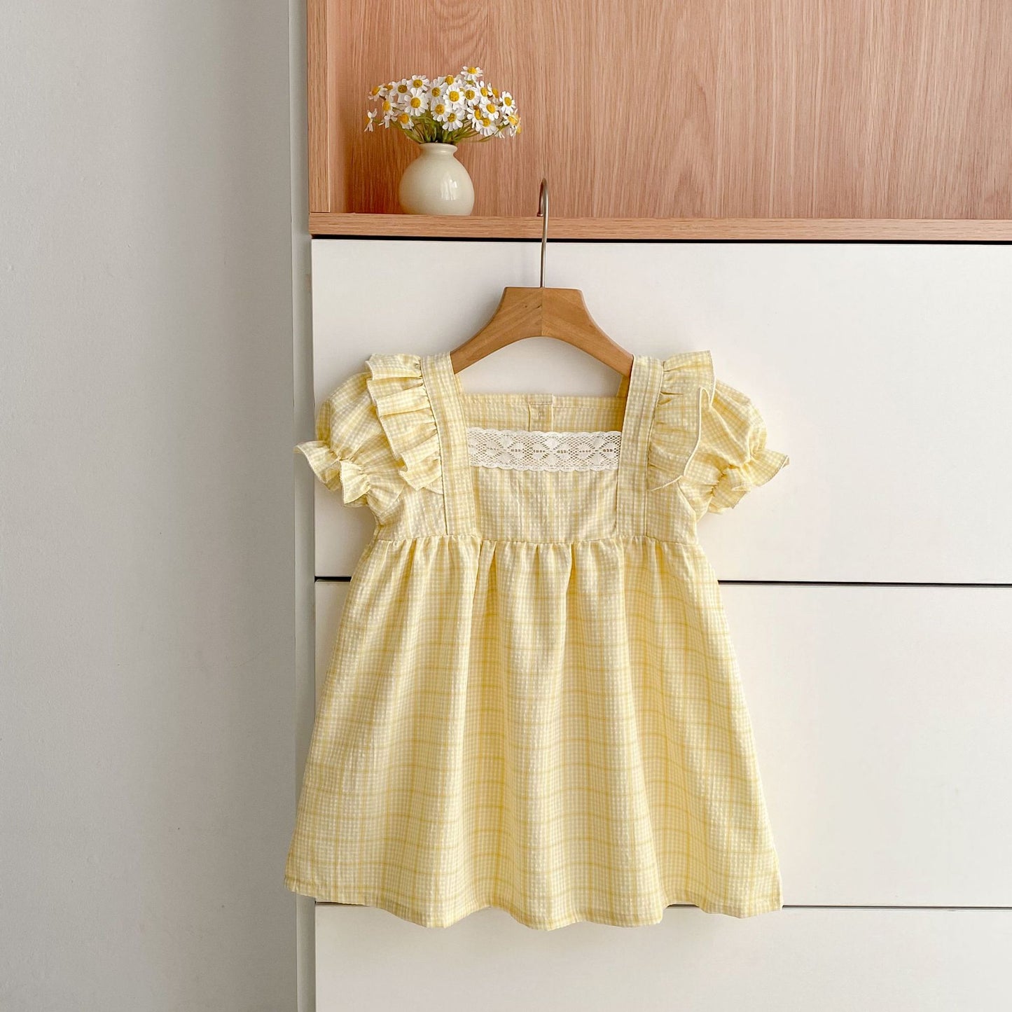 Summer Girls Cute Plaid Pattern Square Neck Onesies and Dress – Princess Sister Matching Set, MyKids-USA®, Baby & Children's Outfits, MyKids-USA - Size/Age - 66 (3-6M) - Color - Yellow -  -  - TR2604062148-B.