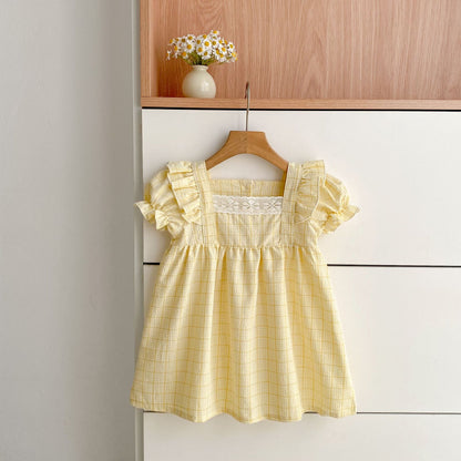 Summer Girls Cute Plaid Pattern Square Neck Onesies and Dress – Princess Sister Matching Set, MyKids-USA®, Baby & Children's Outfits, MyKids-USA - Size/Age - 66 (3-6M) - Color - Yellow -  -  - TR2604062148-B.