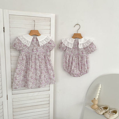 Summer Girls Floral Pattern Lace Trim Collar Bodysuit and Dress – Princess Sister Matching Set, MyKids-USA®, Baby & Children's Outfits, MyKids-USA -  -  -  -  -  -  - .