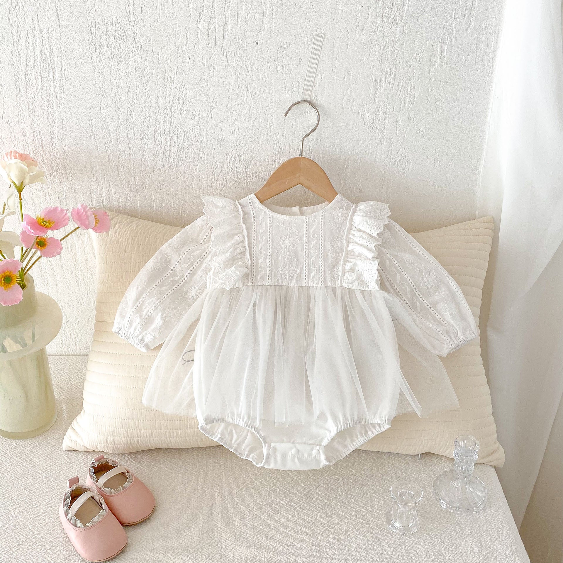 Spring Arrival Baby Girls Cute Floral Embroidered Pattern and Tulle Patchwork Long Sleeves Onesies, MyKids-USA®, Baby One-Pieces, MyKids-USA - Size/Age - 66 (3-6M) - Color - Beige -  -  - TR2502252310-A