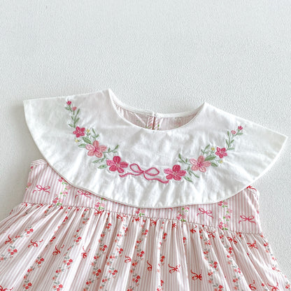Design Summer Baby Kids Girls Sleeveless Flowers and Striped Pattern Bodysuit Dress