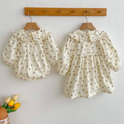 Spring Baby Girls French-style Floral Long-sleeved Onesies and Dress – Princess Sister Matching Set, MyKids-USA®, Baby & Toddler Outfits, MyKids-USA -  -  -  -  -  -  - 