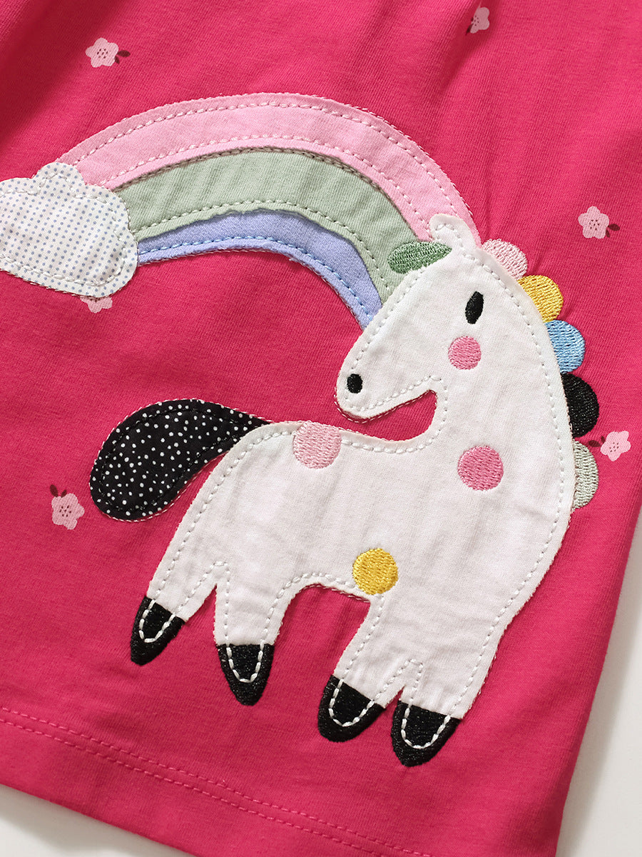 Spring And Summer Baby Girls Short Sleeves Rainbow Horse Floral Cartoon Dress