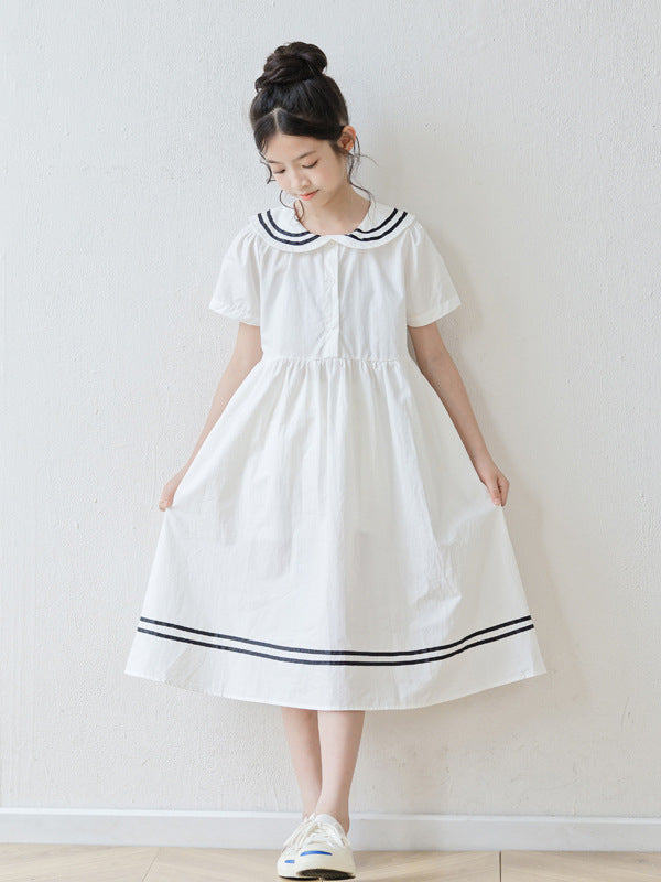 Summer Arrival Short Sleeves Navy Collar Preppy Dress for Stylish Girls