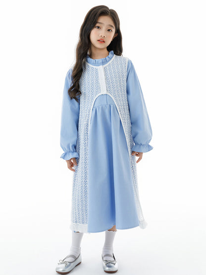 Arrival Autumn Kids Girls Long Sleeves Solid Color Blue Dress and Hollow-out Vest Clothing Set