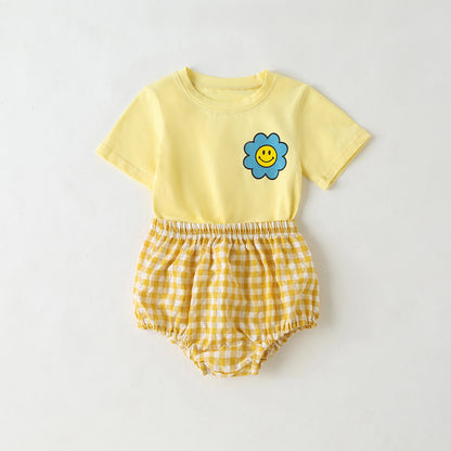 Summer Baby Kids Cartoon Flowers Pattern T-shirt and Plaid Bloomers Clothing Set, MyKids-USA®, Baby & Toddler Outfits, MyKids-USA - Size/Age - 66 (3-6M) - Color - Yellow -  -  - TR2504262027-C