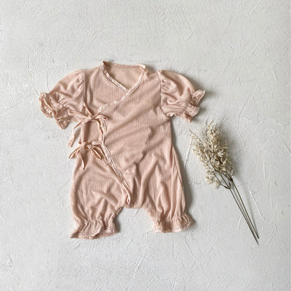 Summer Arrival Baby Girls Short Sleeves Plain Lace Trim Rompers Bodysuits