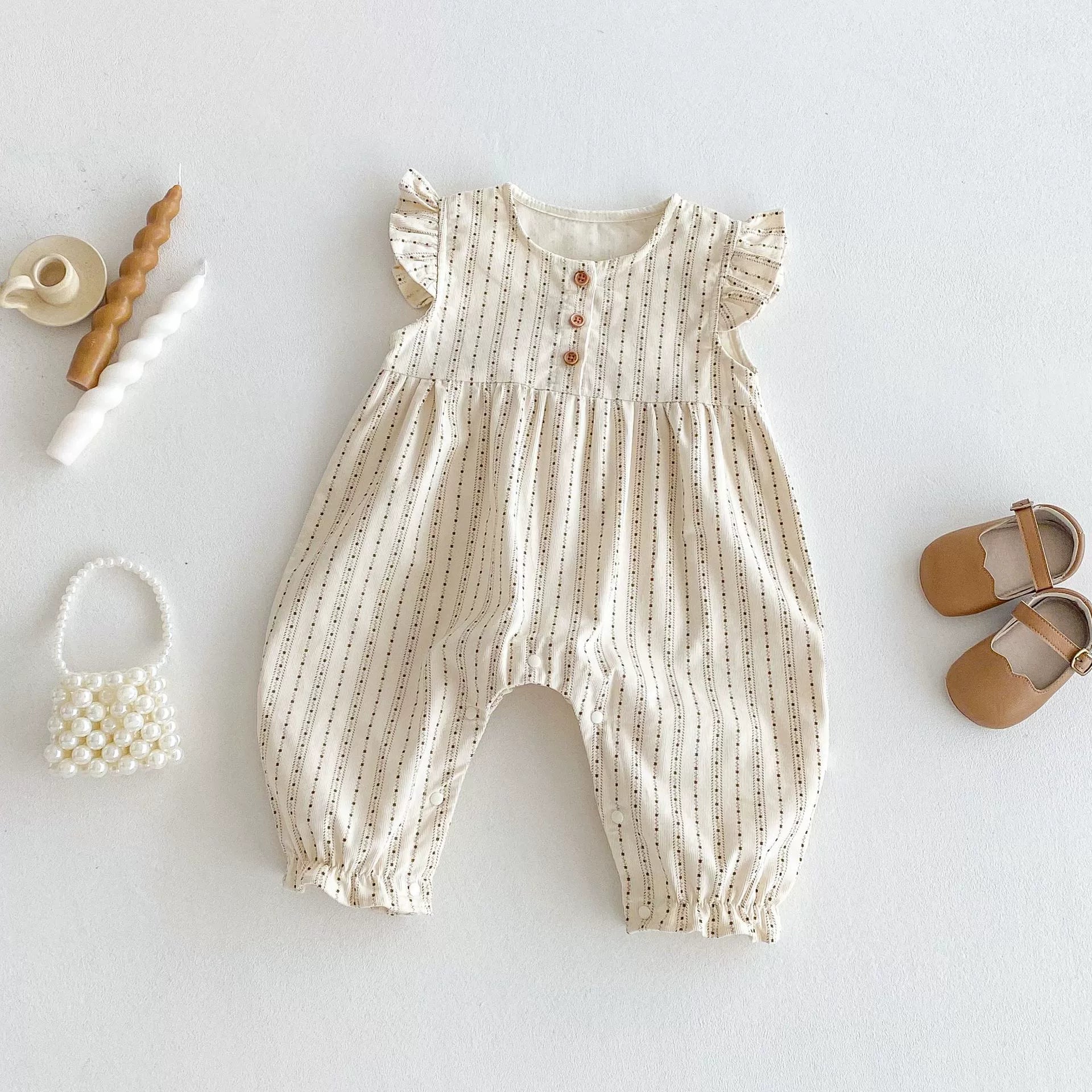 Summer Arrival Baby Girls Fly Sleeves Striped Pattern Rompers, MyKids-USA®, Baby One-Pieces, MyKids-USA - Size/Age - 66 (3-6M) - Color - Beige -  -  - TR2506072037-A