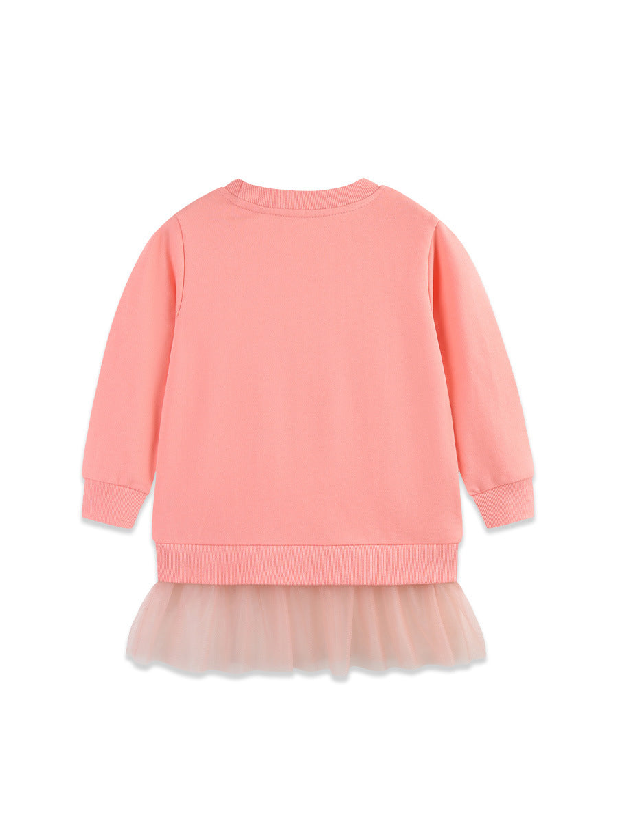 Autumn and Spring Arrival Embroidered Pattern Long Sleeves Pullover with Tulle Decoration for Stylish Girls