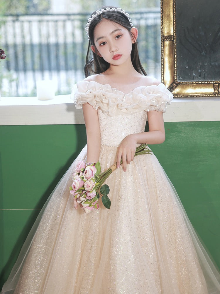 Champagne Tulle Hostess One-Shoulder Evening Gown For Girls: Perfect Attire For Piano Performances - 140 (8-10Y) / Gold Champagne Tulle Hostess One-Shoulder Evening Gown For Girls: Perfect Attire For Piano Performances - 140 (8-10Y) / Gold