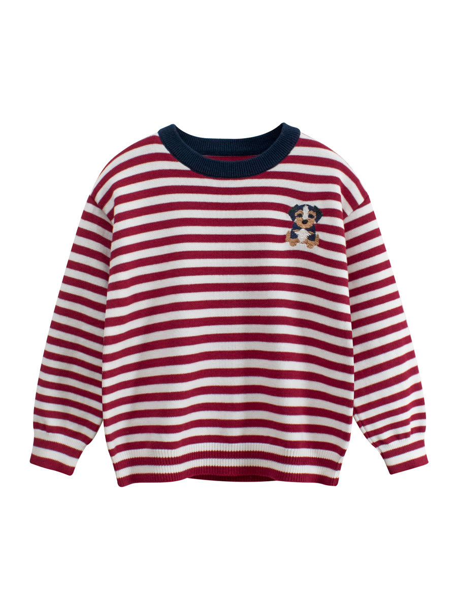 Arrival Baby Kids Puppy Logo and Striped Pattern Crew Neck Long Sleeves Knitted Top, MyKids-USA®, Baby & Toddler Tops, MyKids-USA - Size/Age - 90 (12-24M) - Color - Red -  -  - TR2501022038