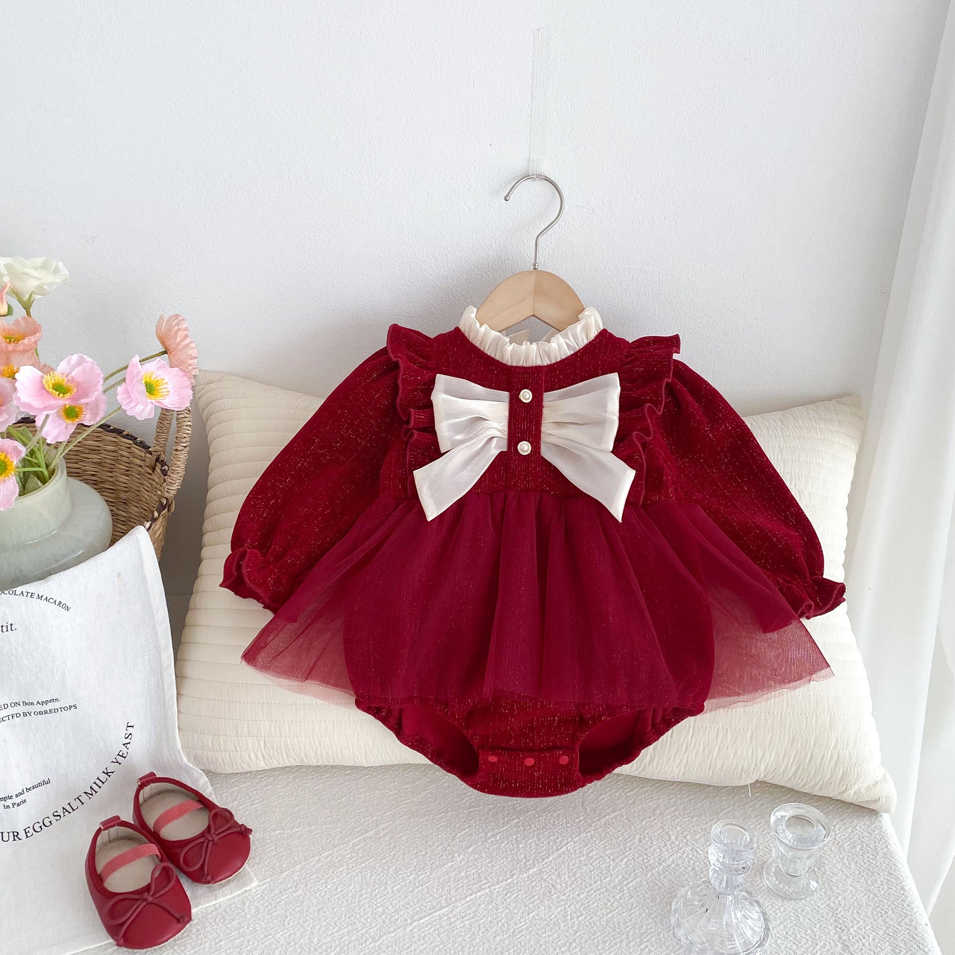 Autumn Arrival Baby Girls Long Sleeves Red Ruffle Neck Patchwork Onesies Dress, MyKids-USA®, Baby One-Pieces, MyKids-USA - Size/Age - 66 (3-6M) - Color - Red -  -  - TR2410061143-A