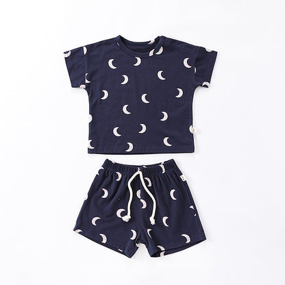 Summer Baby Kids Unisex Moons/Dogs Print Short Sleeves Crew Neck T-Shirt And Shorts Clothing Sets