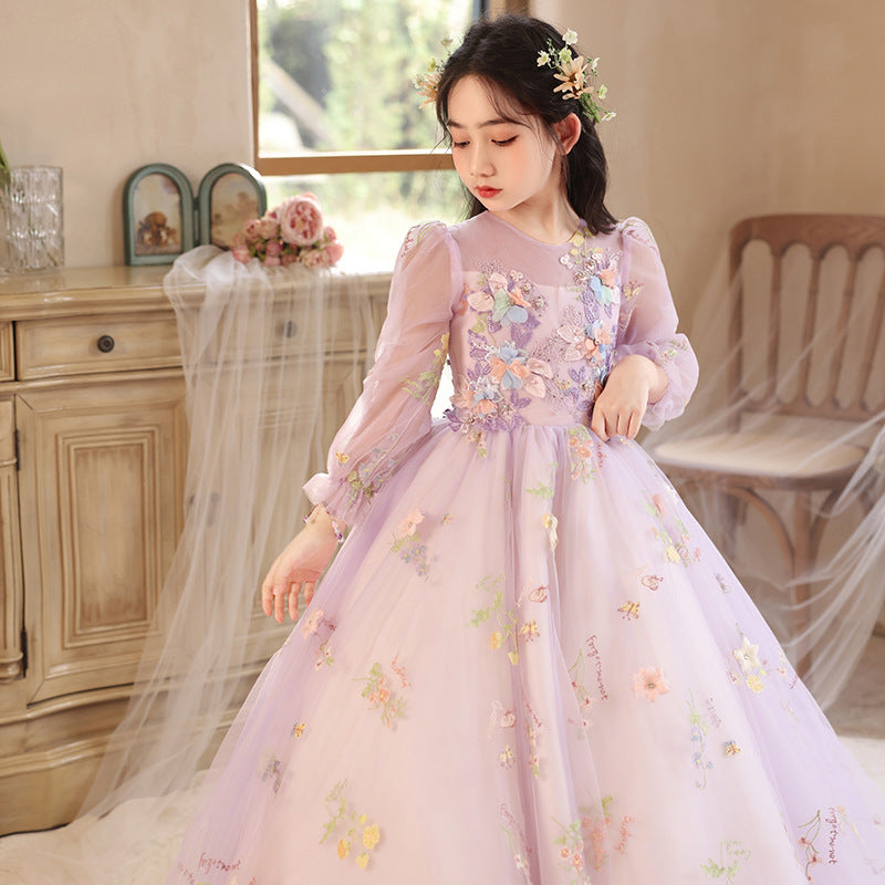 Princess Purple Birthday Dress For Girls: Luxurious Long-Sleeved Piano Performance Attire, Perfect For Spring Celebrations 120 (5-7Y) / Purple Princess Purple Birthday Dress For Girls: Luxurious Long-Sleeved Piano Performance Attire, Perfect For Spring Celebrations 120 (5-7Y) / Purple
