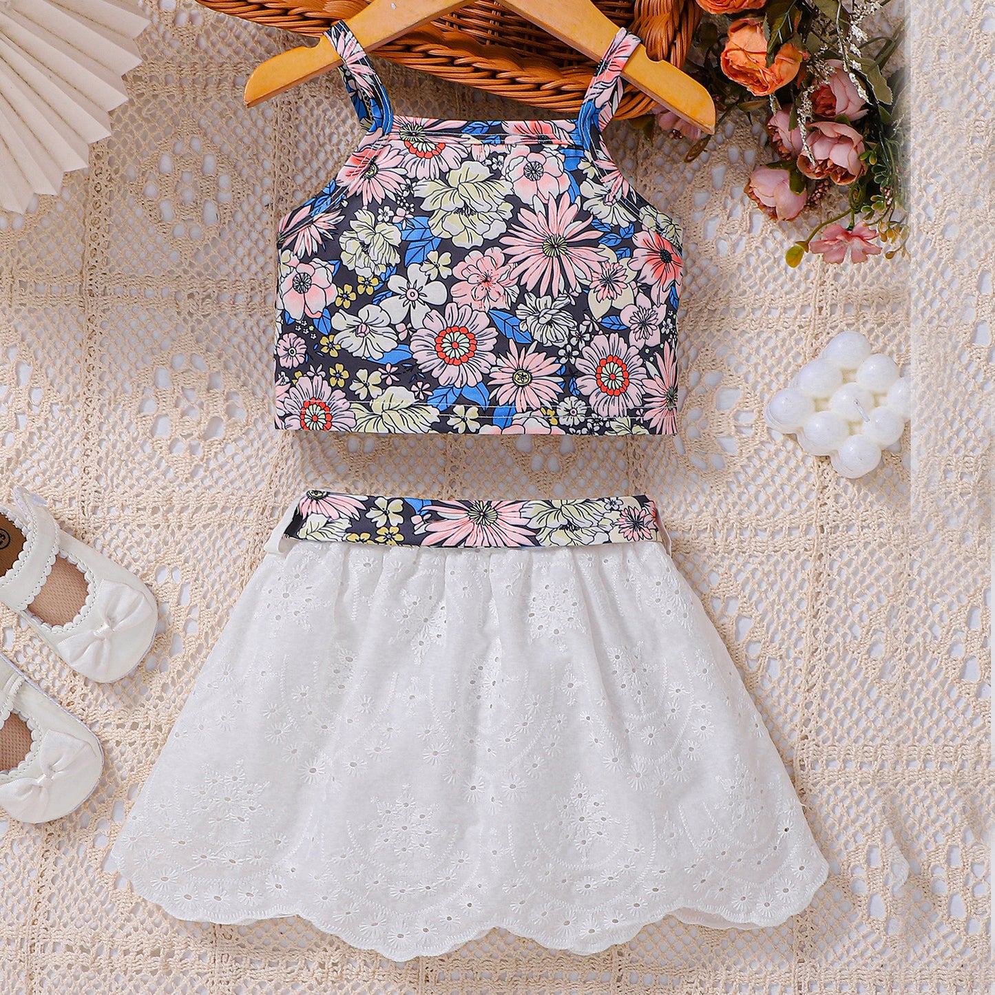 Summer Baby Kids Girls Sleeveless Floral Pattern Vest and White Skirt Set