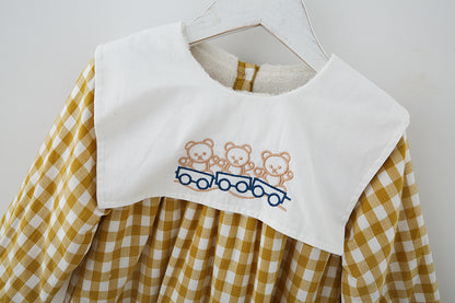 Check Plaid Doll Collar Design Bear Cartoon Embroidery Thick Preppy Dress