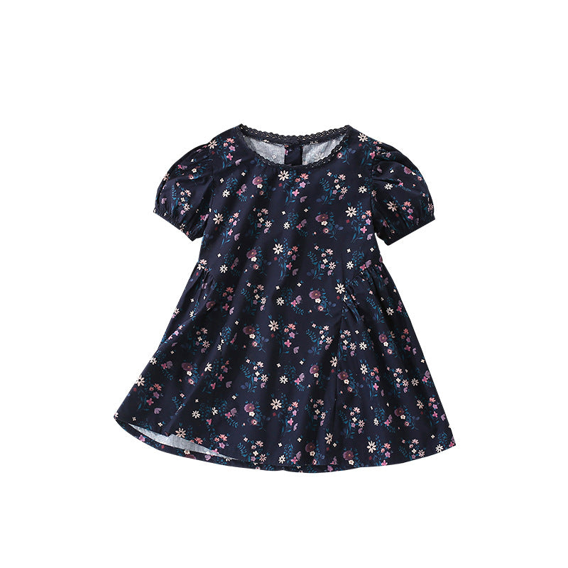 Summer Arrival Floral Pattern Short Sleeves Dress with Lace Trim Neck for Stylish Girls, MyKids-USA®, Baby & Toddler Dresses, MyKids-USA - Size/Age - 100 (2-3Y) - Color - Blue -  -  - TR2506242241-A