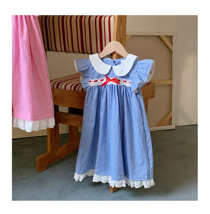 Summer Baby Kids Girls French Fly Sleeves Floral Pattern Embroidered Pattern Plaid Dress, MyKids-USA®, Baby & Toddler Dresses, MyKids-USA - Size/Age - 90 (12-24M) - Color - Blue -  -  - TR2503111557-A