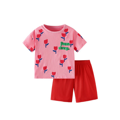 Summer Baby Kids Flowers and Letters Pattern T-shirt and Shorts Clothing Set for Girls, MyKids-USA®, Baby & Toddler Outfits, MyKids-USA - Size/Age - 100 (2-3Y) - Color - Pink -  -  - TR2504271810-A