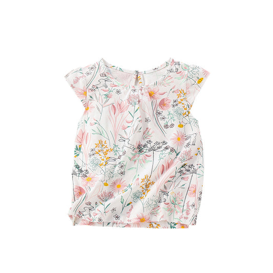 Baby Girl Floral Pattern Crewneck Short Sleeve T-Shirt