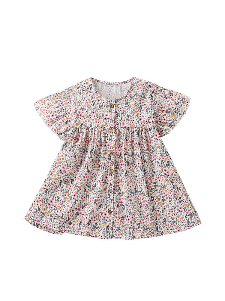 Summer Arrival Flowers Pattern Short Sleeves Single Breasted Dress for Stylish Girls, MyKids-USA®, Baby & Toddler Dresses, MyKids-USA - Size/Age - 100 (2-3Y) - Color - Pink -  -  - TR2505091755-A