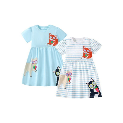 Summer Pure Cotton Animals Cartoon Pattern Short Sleeves Dress for Stylish Girls, MyKids-USA®, Baby & Toddler Dresses, MyKids-USA - Size/Age - 90 (12-24M) - Color - Blue -  -  - TR2502212321-A