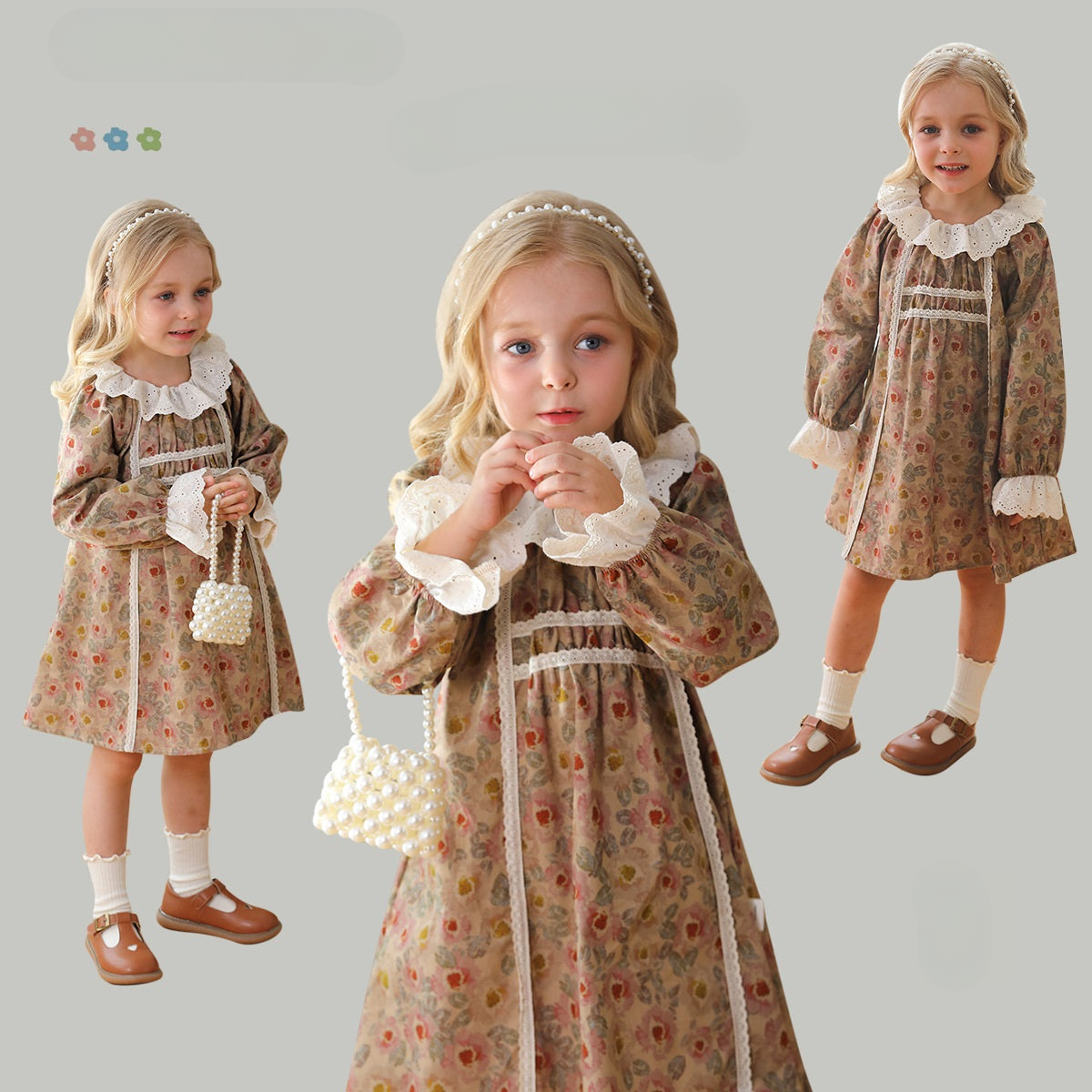 Design Autumn Girls Vintage Floral Ruffle Collar Long Sleeves Dress, MyKids-USA®, Baby & Toddler Dresses, MyKids-USA -  -  -  -  -  -  - 