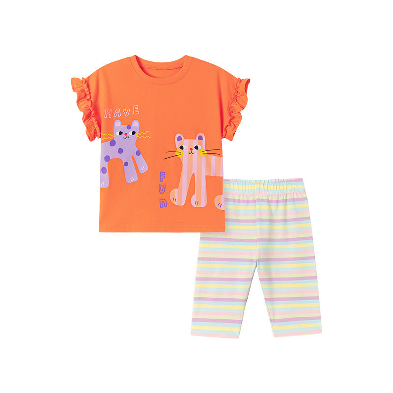 Summer Hot Selling Baby Kids Girls Short Sleeves Cartoon Pattern T-shirt and Striped Pants Clothing Set, MyKids-USA®, Baby & Toddler Outfits, MyKids-USA - Size/Age - 90 (12-24M) - Color - Orange -  -  - TR2601301604-A.