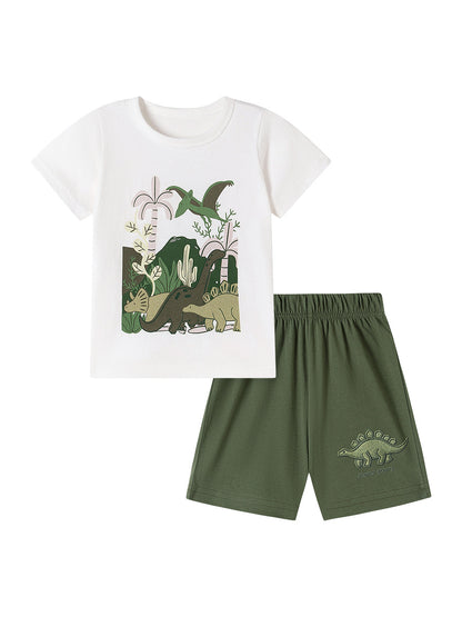 Summer Hot Selling Baby Kids Boys Short Sleeves Cartoon Pattern T-shirt and Shorts Clothing Set