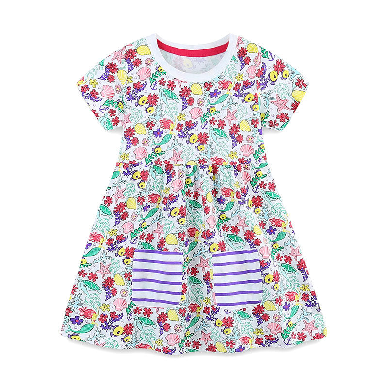 Summer Arrival Flowers Pattern Short Sleeves Crew Neck Dress for Stylish Girls, MyKids-USA®, Baby & Toddler Dresses, MyKids-USA - Size/Age - 90 (12-24M) - Color - Pink -  -  - TR2505271709-A