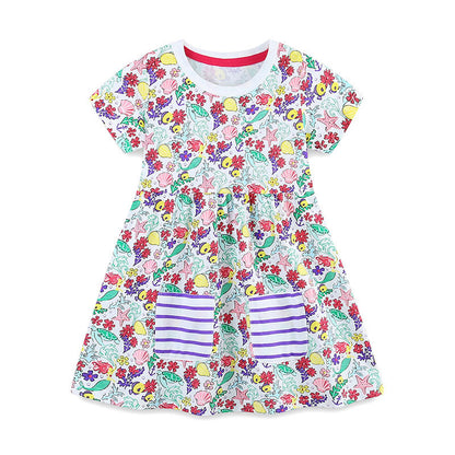 Summer Arrival Flowers Pattern Short Sleeves Crew Neck Dress for Stylish Girls, MyKids-USA®, Baby & Toddler Dresses, MyKids-USA - Size/Age - 90 (12-24M) - Color - Pink -  -  - TR2505271709-A
