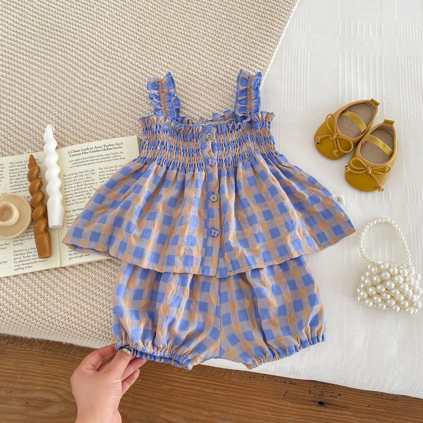 Summer Baby Kids Girls Plaid Strap Dress And Shorts 2-Piece Clothing Set