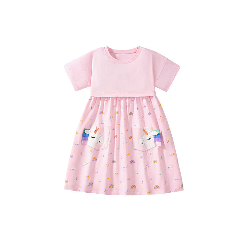 Summer Arrival Cartoon and Rainbow Pattern Short Sleeves Dress for Stylish Girls, MyKids-USA®, Baby & Toddler Dresses, MyKids-USA - Size/Age - 90 (12-24M) - Color - Pink -  -  - TR2503171447-A