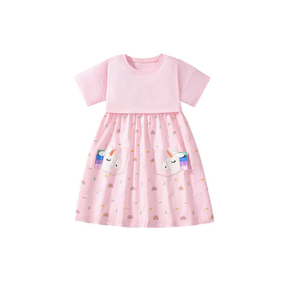 Summer Arrival Cartoon and Rainbow Pattern Short Sleeves Dress for Stylish Girls, MyKids-USA®, Baby & Toddler Dresses, MyKids-USA - Size/Age - 90 (12-24M) - Color - Pink -  -  - TR2503171447-A