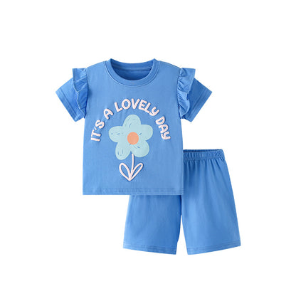 Summer Baby Kids Flowers and Letters Pattern T-shirt and Shorts Clothing Set for Girls, MyKids-USA®, Baby & Toddler Outfits, MyKids-USA - Size/Age - 100 (2-3Y) - Color - Blue -  -  - TR2505011805-A