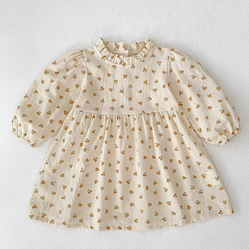 Autumn Baby Girls French-style Flowers Pattern Long Sleeves Onesies and Dress with Ruffle Neck – Princess Sister Matching Set, MyKids-USA®, Baby & Toddler Dresses, MyKids-USA - Size/Age - 66 (3-6M) - Color - Beige -  -  - TR2507222316-B