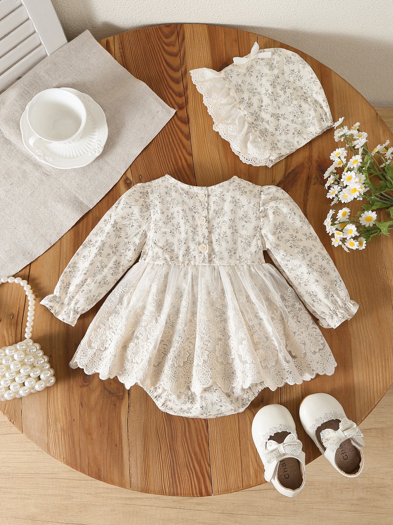 Design Autumn Baby Kids Girls Long Sleeves Flowers Pattern Bodysuit Dress with Hat