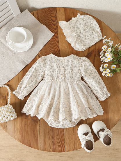 Design Autumn Baby Kids Girls Long Sleeves Flowers Pattern Bodysuit Dress with Hat