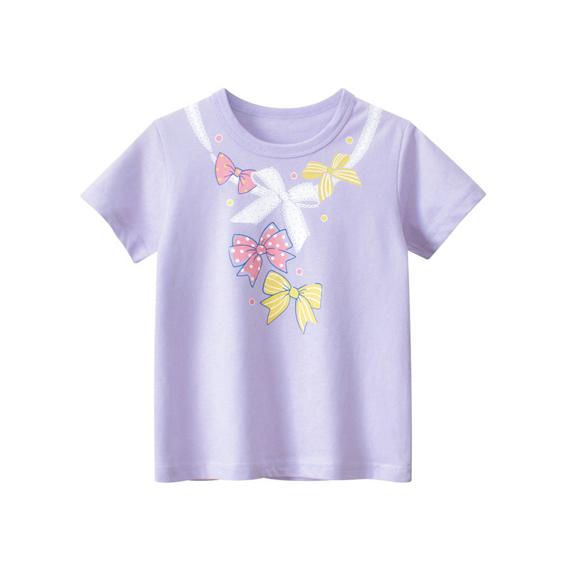 Baby Girl Solid Color Bow Tie Pattern Short Sleeve Tee
