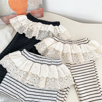 MyKids-USA® Autumn Arrival Baby Girls Striped Pattern Lace Trim Cute Pants
