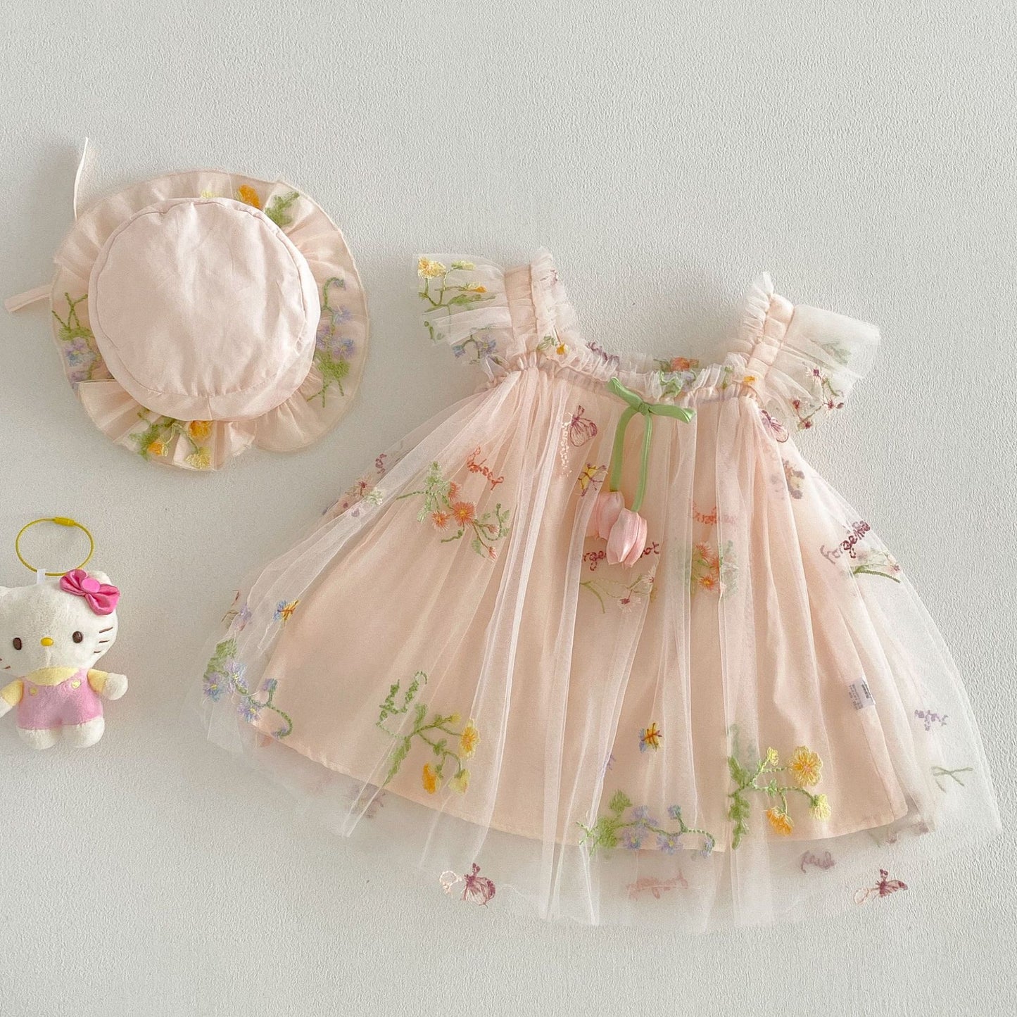 Summer Arrival Baby Girls Fly Sleeves Flowers Pattern Tulle Dress with Hat, MyKids-USA®, Baby & Children's Dresses, MyKids-USA - Size/Age - 66 (3-6M) - Color - Light Pink -  -  - TR2604202145-A.
