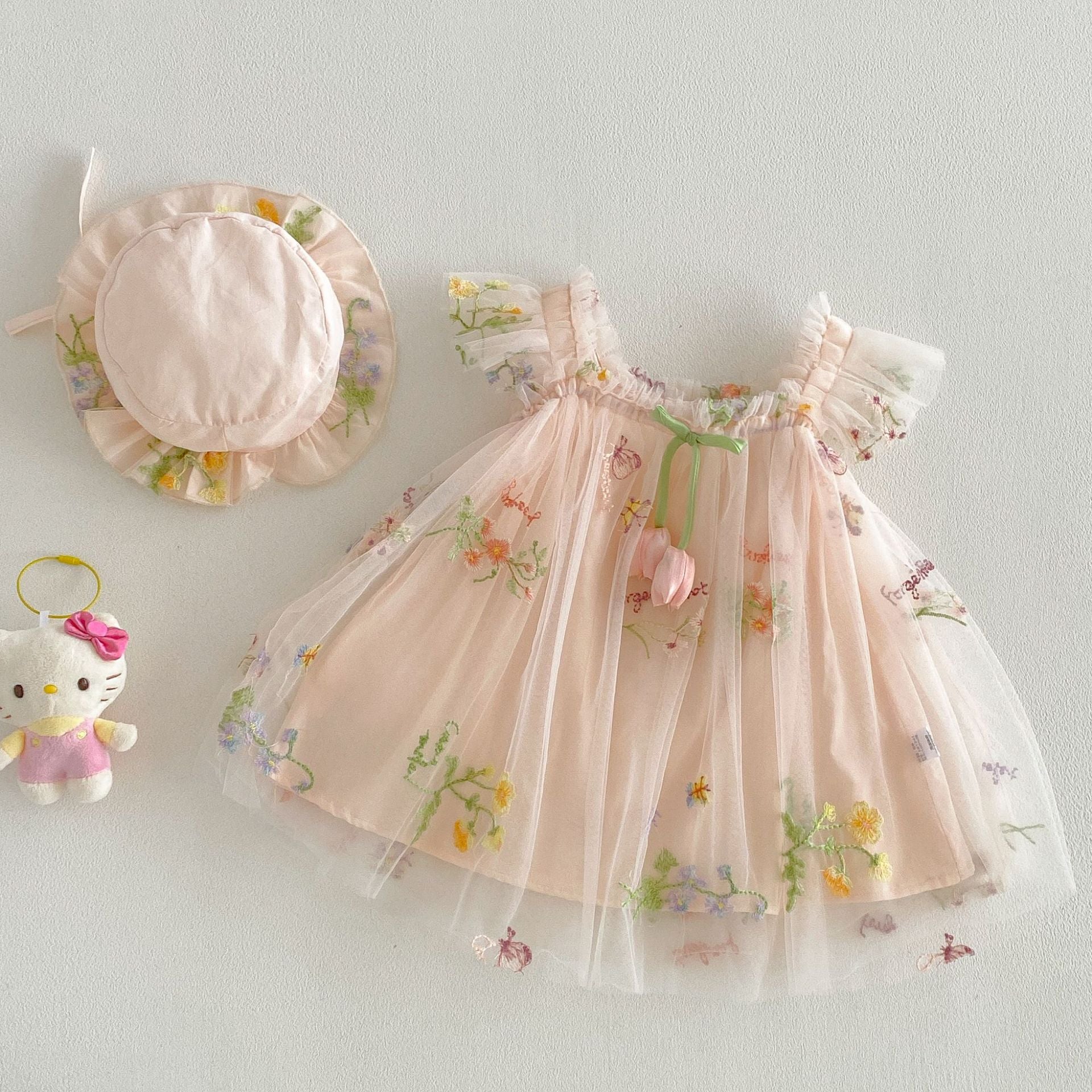 Summer Arrival Baby Girls Fly Sleeves Flowers Pattern Tulle Dress with Hat, MyKids-USA®, Baby & Children's Dresses, MyKids-USA - Size/Age - 66 (3-6M) - Color - Light Pink -  -  - TR2604202145-A.