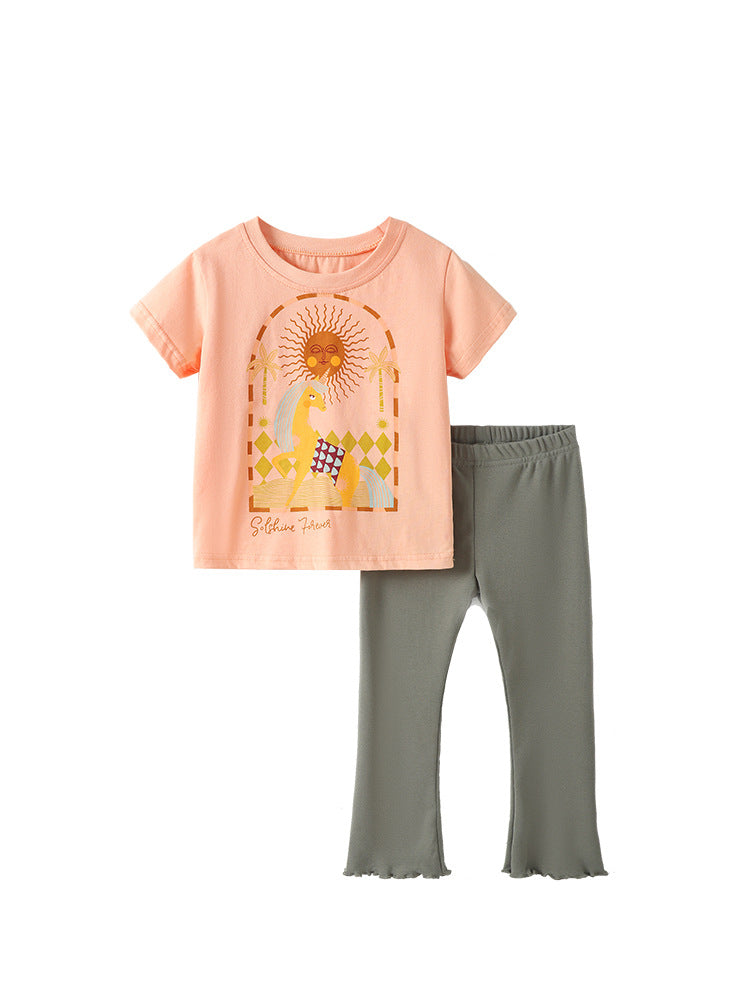 Arrival Summer Baby Kids Girls Short Sleeves Cartoon Pattern T-shirt and Plain Pants Clothing Set