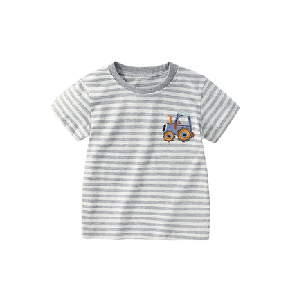 Summer Arrival Boys’ Tractor Cartoon Pattern Striped T-shirt in European and American Style, MyKids-USA®, Baby & Toddler Tops, MyKids-USA - Size/Age - 100 (2-3Y) - Color - Grey -  -  - TR2506181744-A