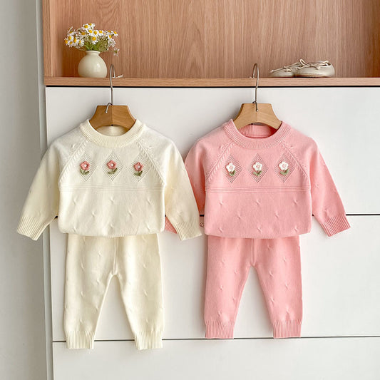 Arrival Autumn Baby Girls Long Sleeves Simple Knitted Top with Flowers Pattern and Solid Color Long Trousers Clothing Set, MyKids-USA®, Baby & Toddler Outfits, MyKids-USA -  -  -  -  -  -  - 
