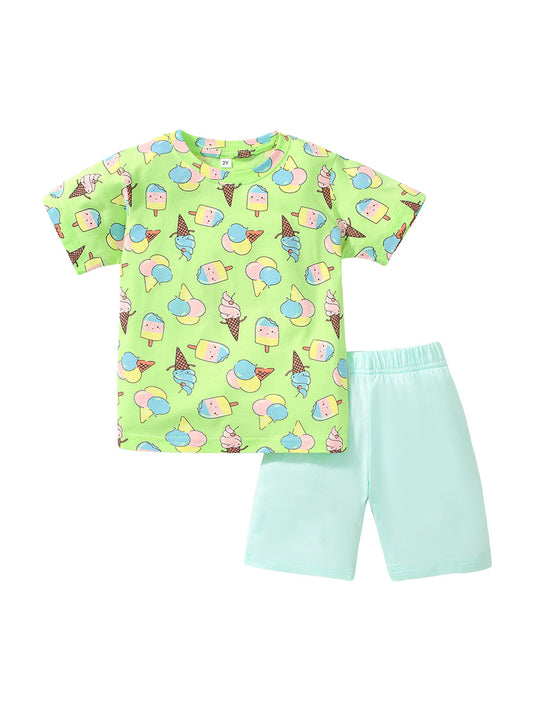 Baby Kids Ice-Cream Cartoon Print Top And Solid Shorts 2-Piece Casual Clothing Set